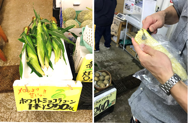 (左)白くて甘いホワイトショコラコーン(右)茹でたての試食をいただく