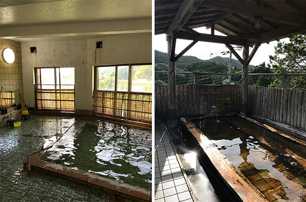 写真・内湯は源泉かけ流しの硫黄泉)(17-2写真・露天は井戸水を沸かしている)