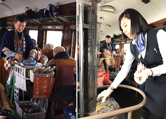 左/スルメやお酒は売りに来る 11-写真・右/スルメを焼くアテンダントさん
