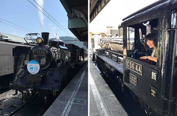 左/到着した下りのSL 右/SLの運転席に入って写真が撮れる