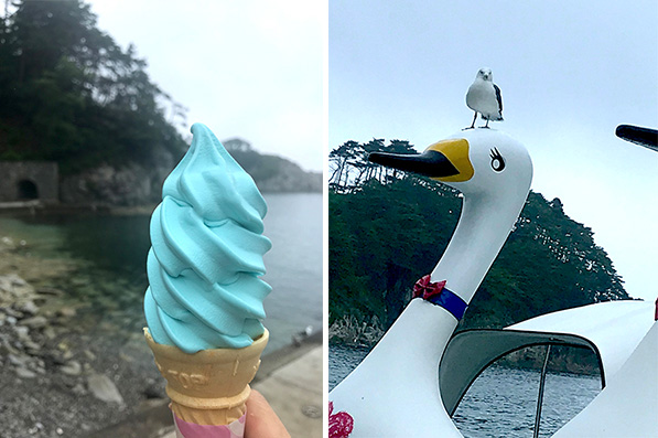 (左)きれいな色の青の洞窟ソフトクリーム(右)頭に止まるのが好き