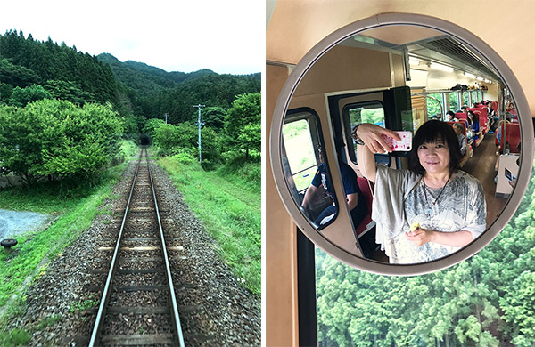 線路が続いているのは当たり前ではないことを噛み締める)(13-2写真・車内の鏡に映った自分を自撮り