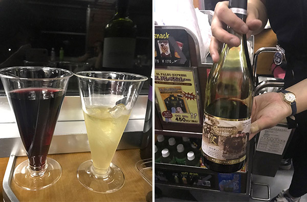 赤ワイン(左)と日本酒ロック(右))(6-2写真・SLのラベルの秩父ルージュ