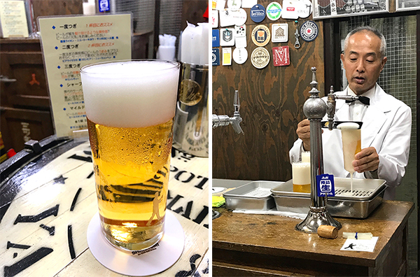 (左)1度つぎの1杯目。泡もビールも美しい(右)ダンディな重富さん